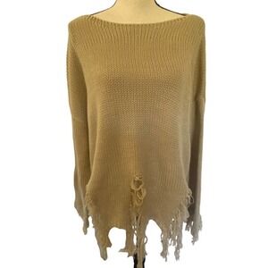 WOMEN’S Mittoshop Fringe Distressed Hem Knit Sweater in Beige Boho Sz M NEW